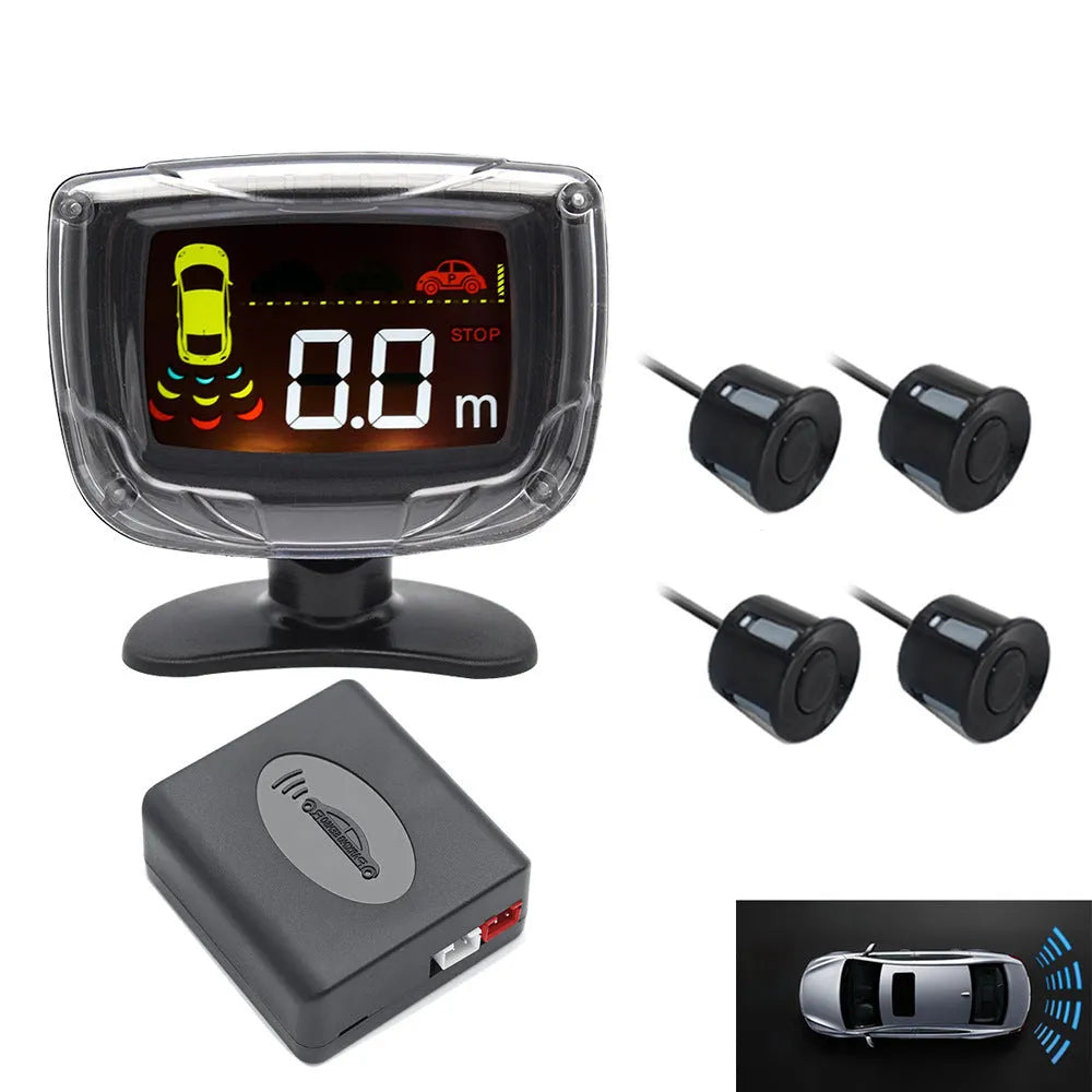Wireless car reversing sensor kit with main unit, four probes, LED display, and installation tools.
