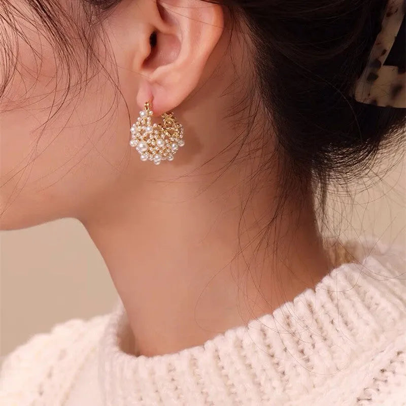 Gold colour copper flower basket earrings with small bead floral pattern and pearl inlay