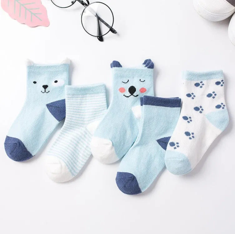 Set of five children's cotton socks in assorted solid colours and stripes, mid-tube length for toddlers 1-3 years