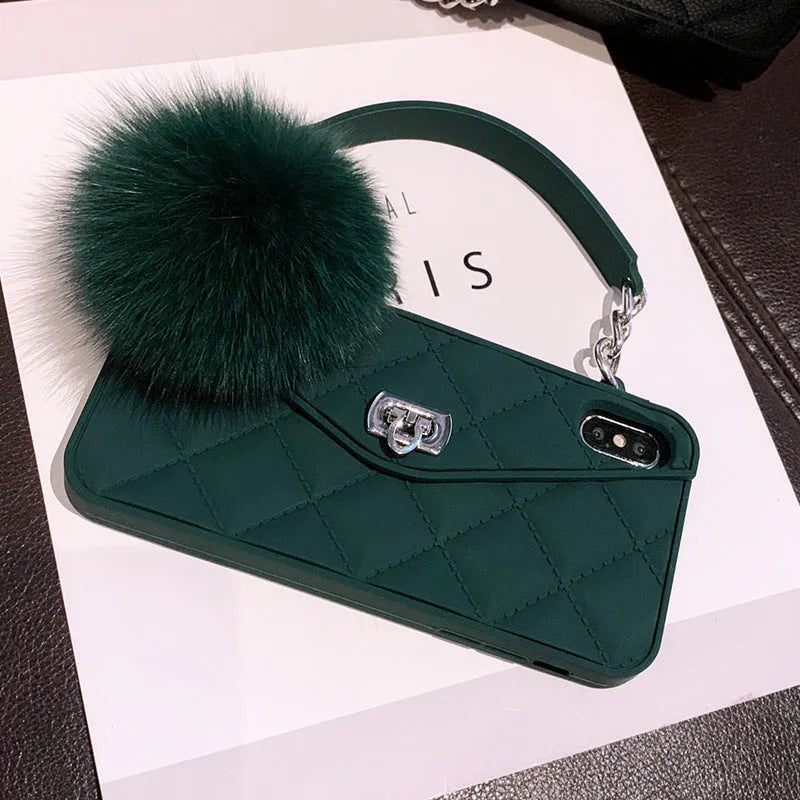 Soft TPU iPhone back cover case with a plush grid texture in dark green, shown on a phone.
