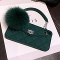 Soft TPU iPhone back cover case with a plush grid texture in dark green, shown on a phone.