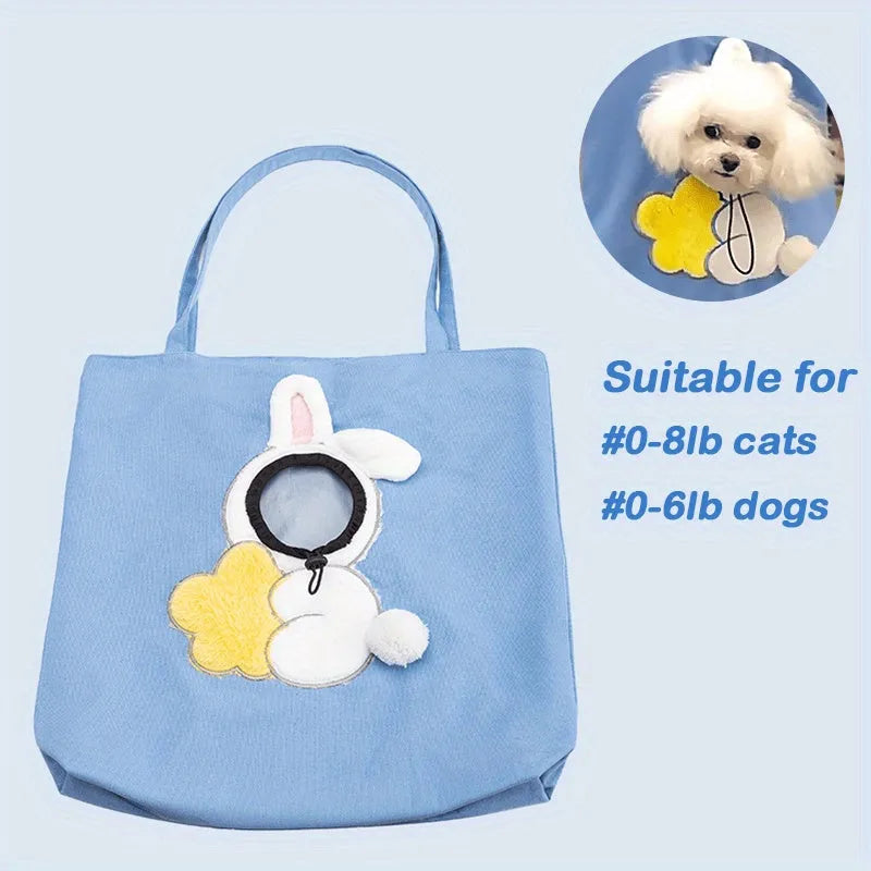 Canvas pet carrier bag with animal patterns and safety zippers in blue colour