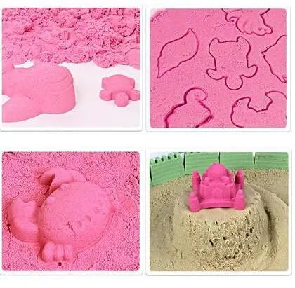 Kinetic space sand in multiple colours including blue, green, orange, pink, purple, red, rose, and sand colour in plastic bag packaging