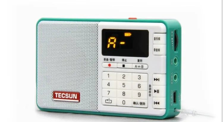 Tecsun Q3 digital audio player in white, yellow, red, green, blue, or black with radio and MP3 playback functions