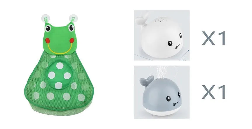 Automatic water spray whale bath toy floating in water with fountain and LED lights
