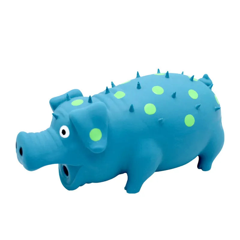 Colourful latex pig dog chew toy with textured surface and squeaker for aggressive chewers