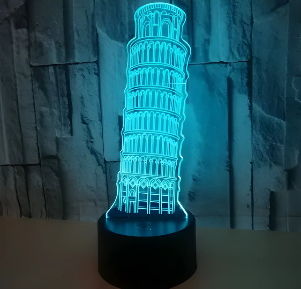 Leaning Tower of Pisa 3D acrylic nightlight with multi-colour LEDs on a black base.