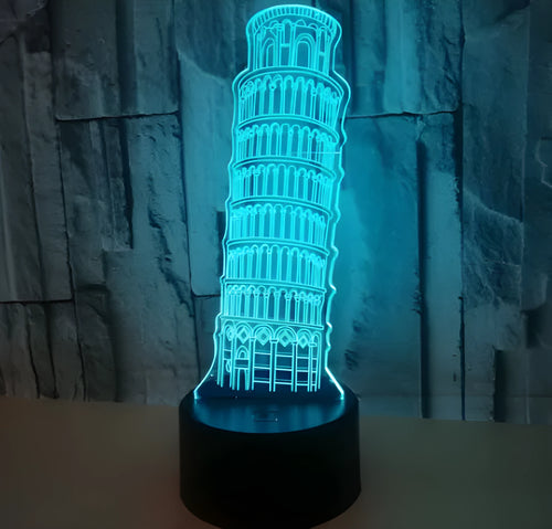 Leaning Tower of Pisa 3D acrylic nightlight with multi-colour LEDs on a black base.