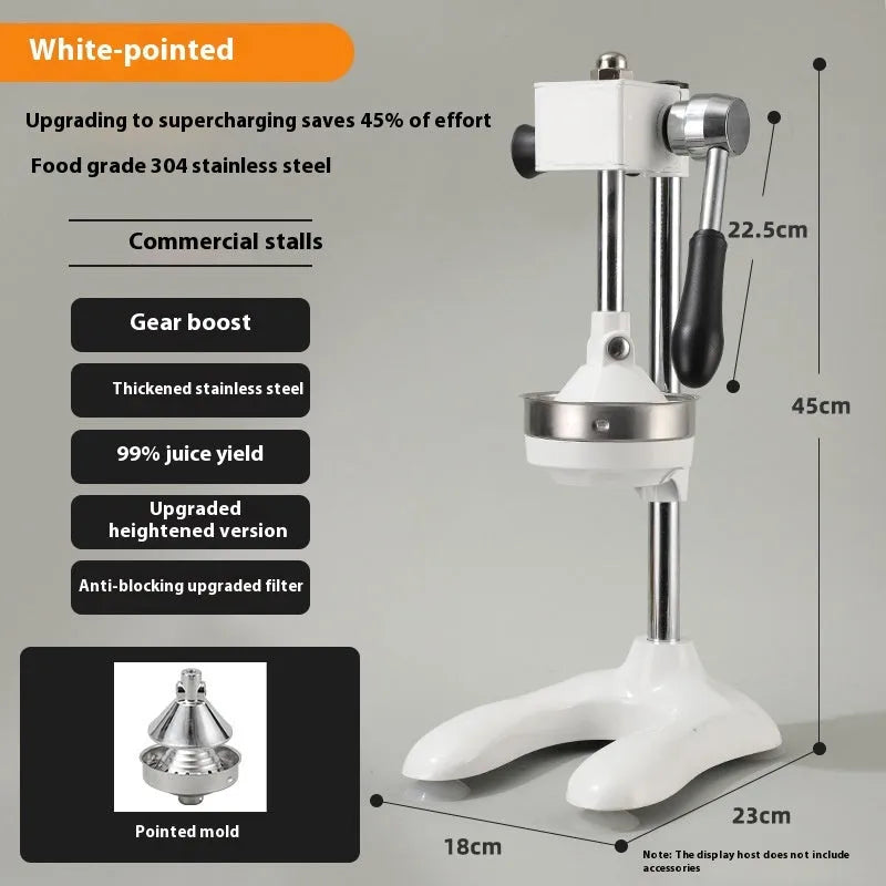 Stainless steel manual vertical citrus juicer on a countertop, showing optional colour finishes and head styles.