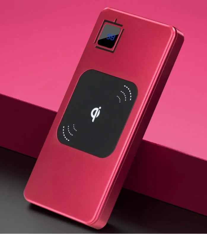 Silver alloy portable power bank with LCD display showing battery level