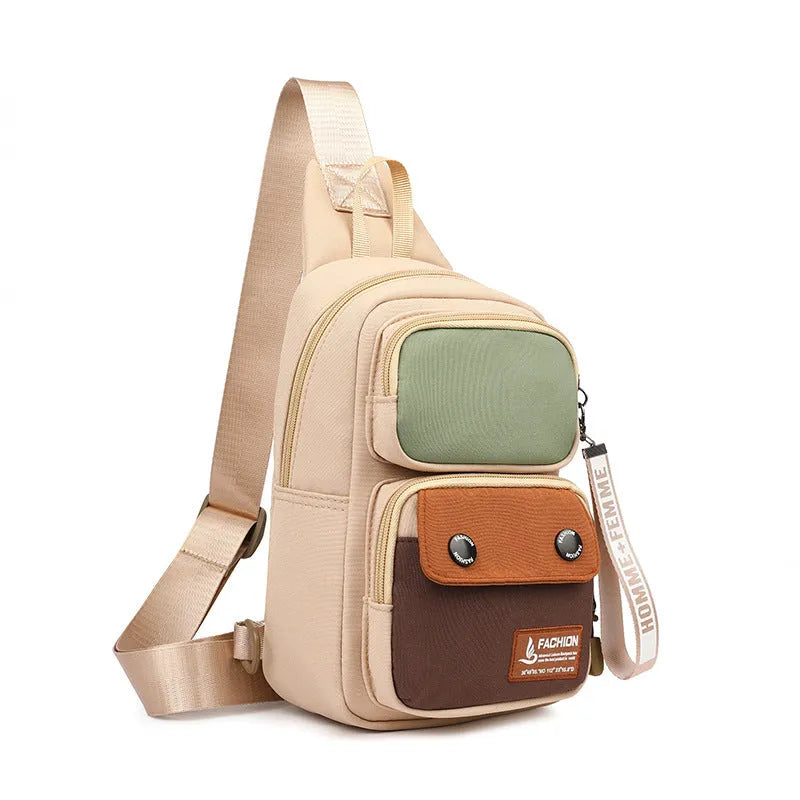 Nylon crossbody bag in contrasting colours with shoulder strap for outdoor leisure
