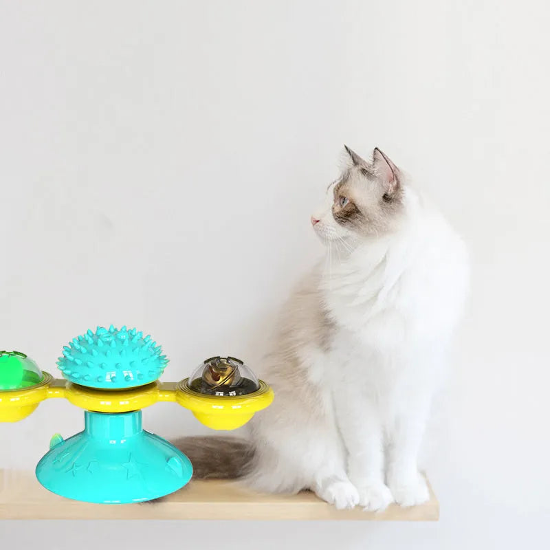 Cat rotating windmill toy with suction base and two transparent bins on blades