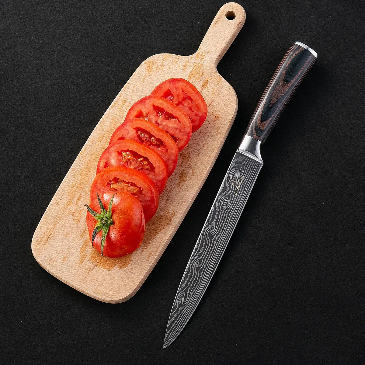 Chef knife with laser Damascus pattern blade, colour steel handle, showing 18cm blade length
