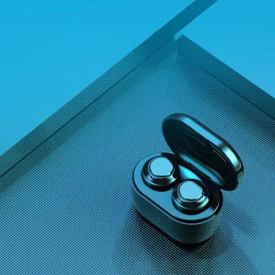 Black stereo Bluetooth headset with bilateral earbuds showing wireless design