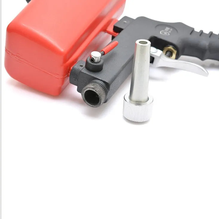 Portable black or blue gravity feed pneumatic sandblasting gun with tank and nozzle.