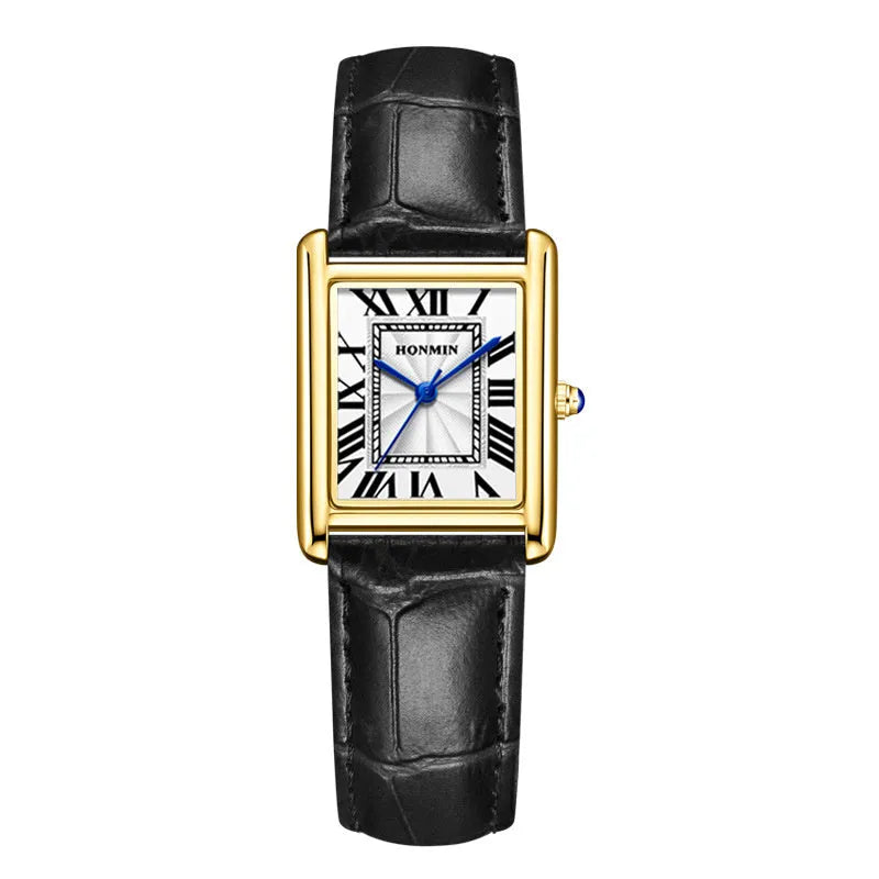 Couple leather watch with square dial, 7mm thickness, waterproof, in gold and black colour option on a white background