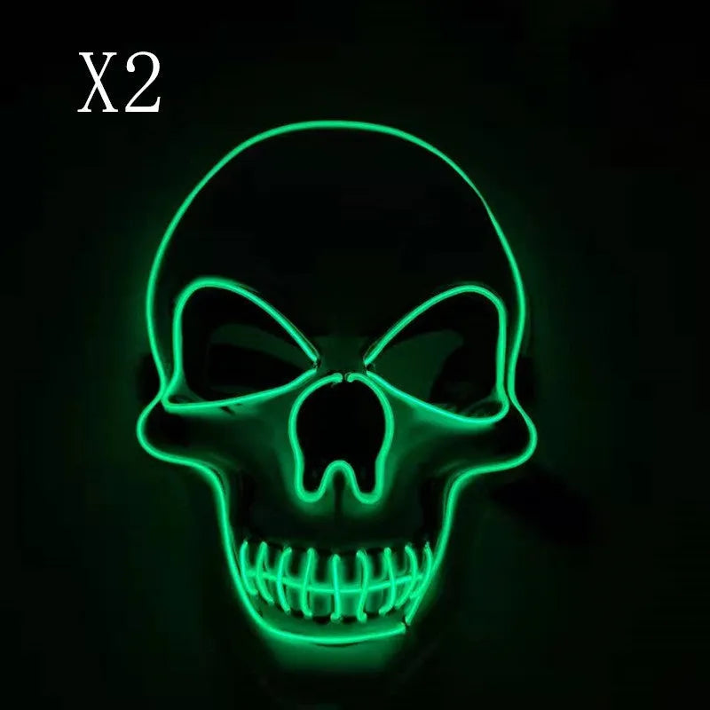 Skull LED glowing Halloween mask with EL wire, available in multiple colours, on a black background