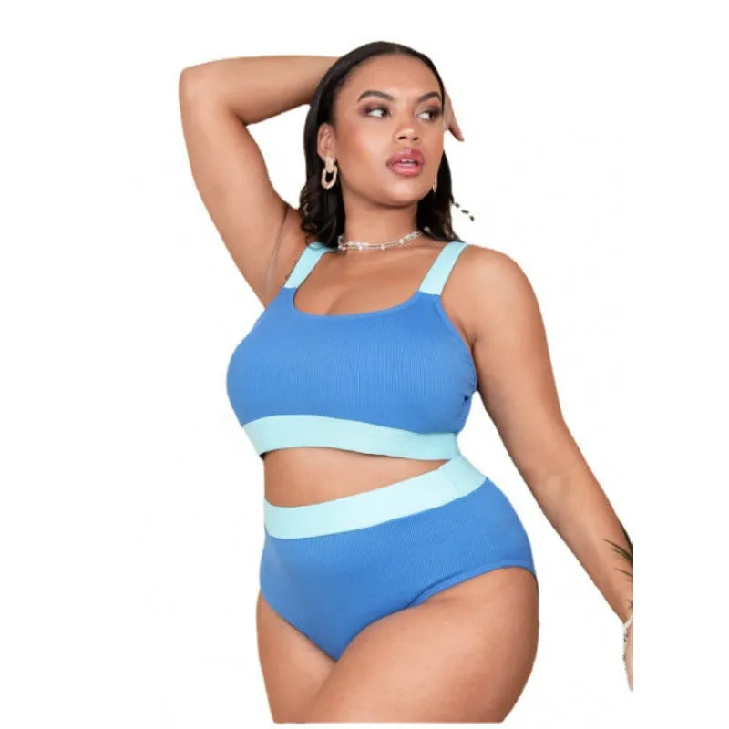 Women's high-waist bikini set in pure colour with split-side design and detailed stitching