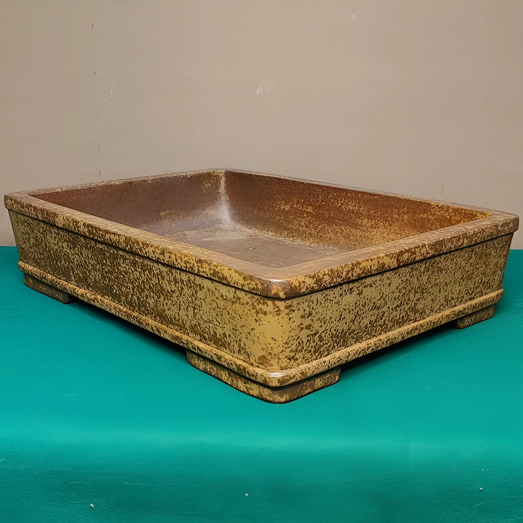 Straight-sided shallow rectangular Yixing flowerpot made from purple Zisha clay on a floor.