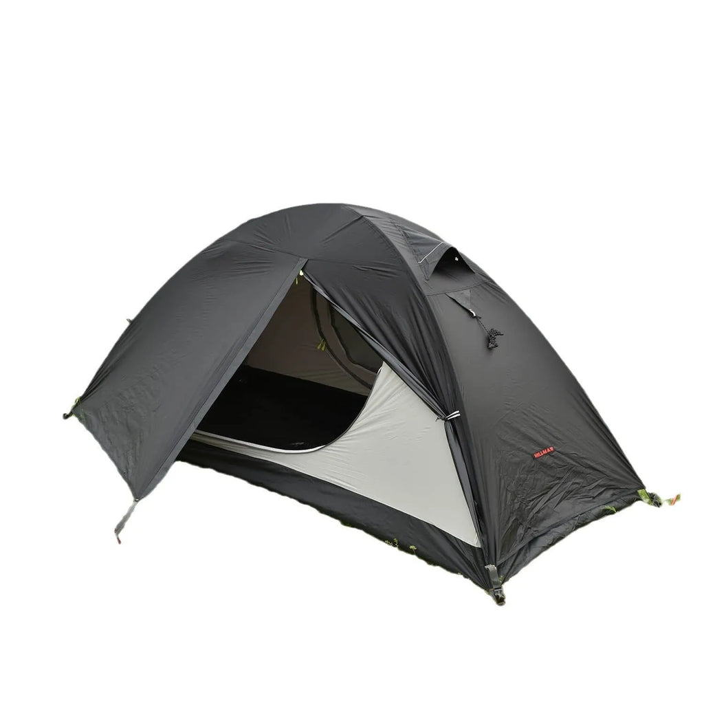 Single person tent with aluminum poles and silicon coated polyester outer layer in red black or orange