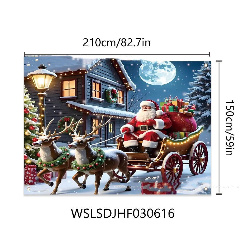 Large red Christmas banner with Santa Claus and gift illustrations measuring 210x150 cm