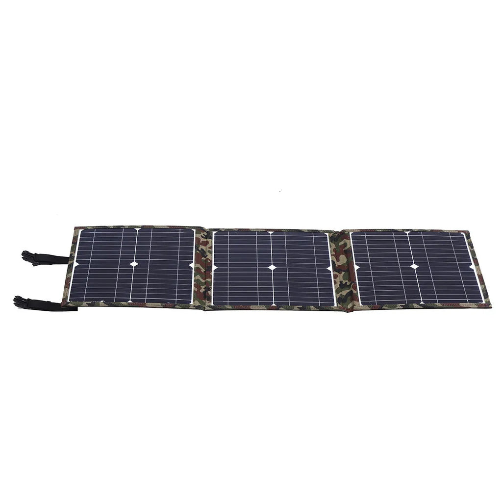 Black foldable 36W solar panel unfolded showing three monocrystalline cells with connection cables