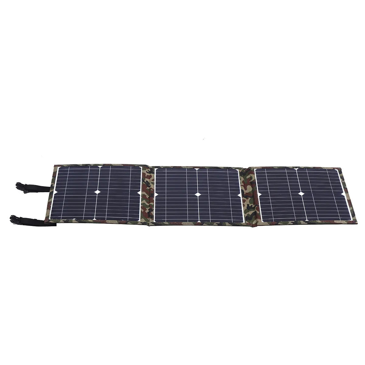 Black foldable 36W solar panel unfolded showing three monocrystalline cells with connection cables
