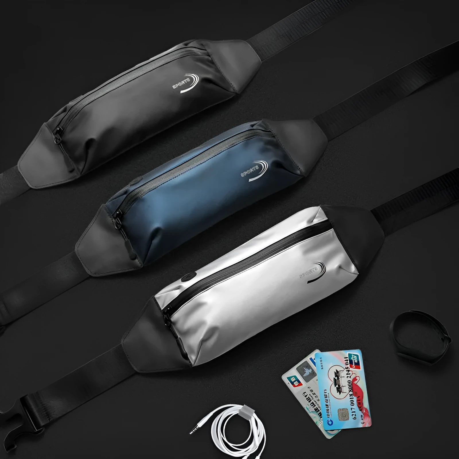 Men's waterproof waist bag in Oxford polyester with adjustable belt showing black, blue, and grey colour options