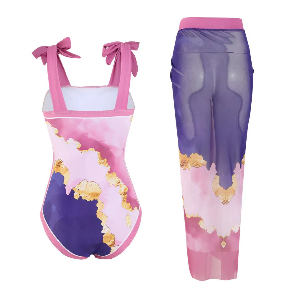 Floral pattern conservative bikini swimsuit with mesh tube top and matching skirt