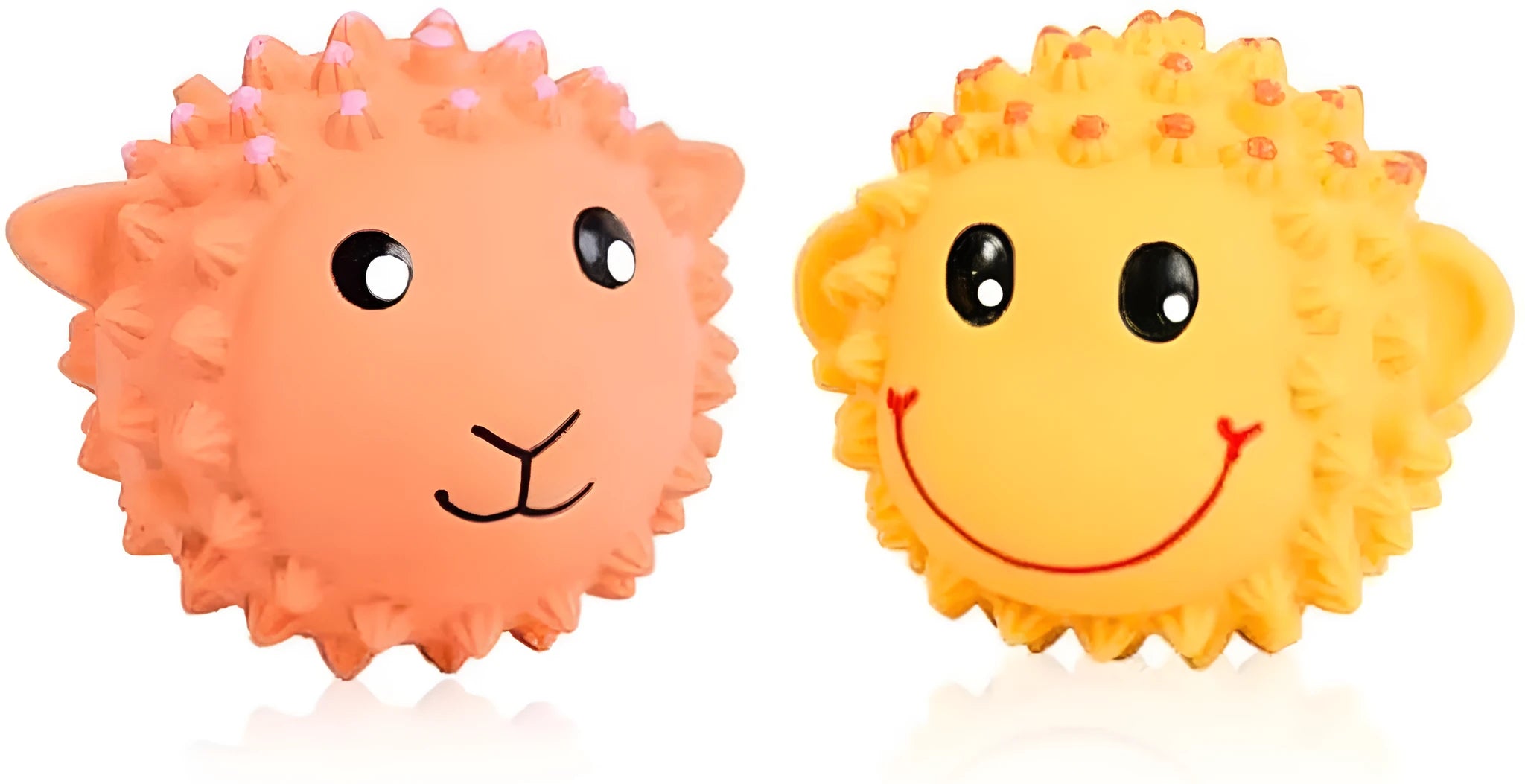 Orange and yellow spiky latex squeaky dog toy for small to medium breeds.