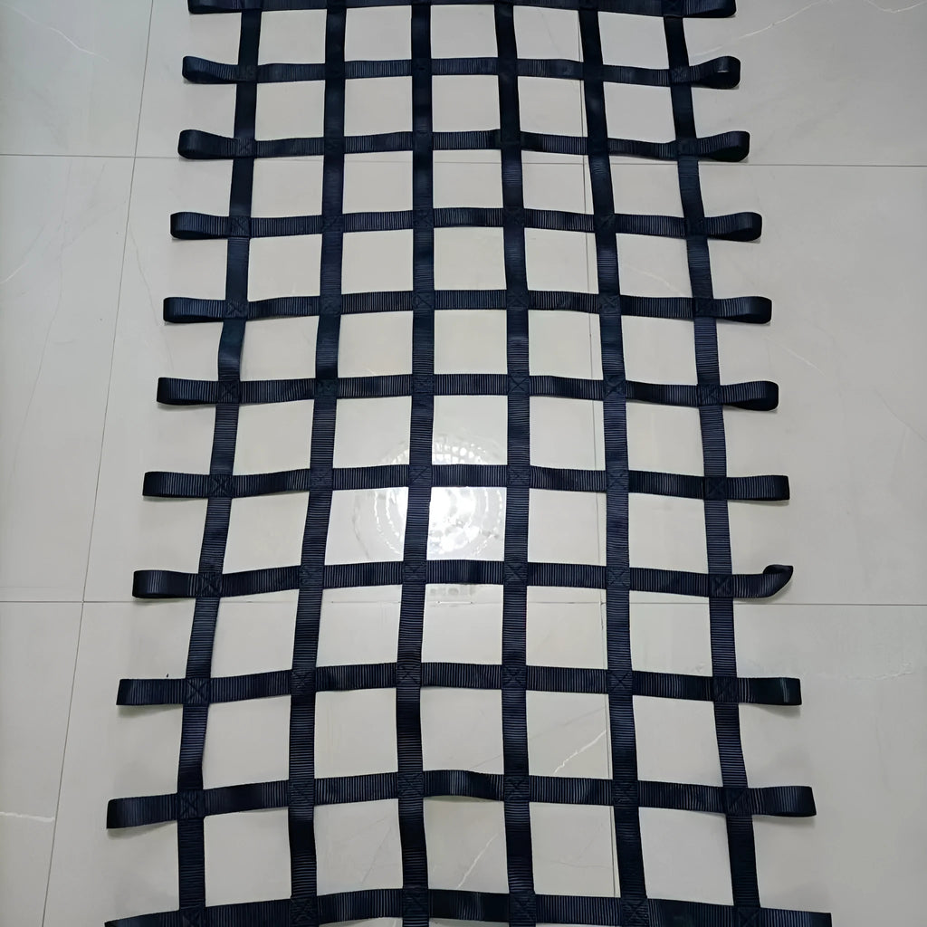 Black polyester ribbon children's climbing net with 1.5 inch wide straps and 5 inch mesh openings