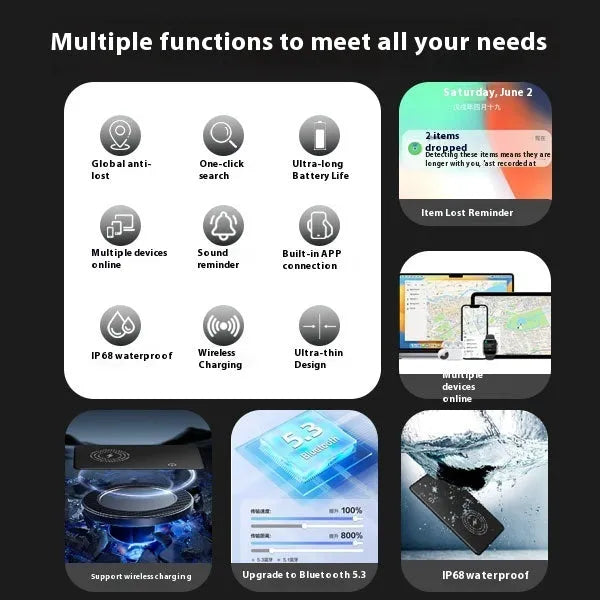MFI Findmy rechargeable card-type tracker with global positioning, black long battery life edition, 84x52x1.5mm