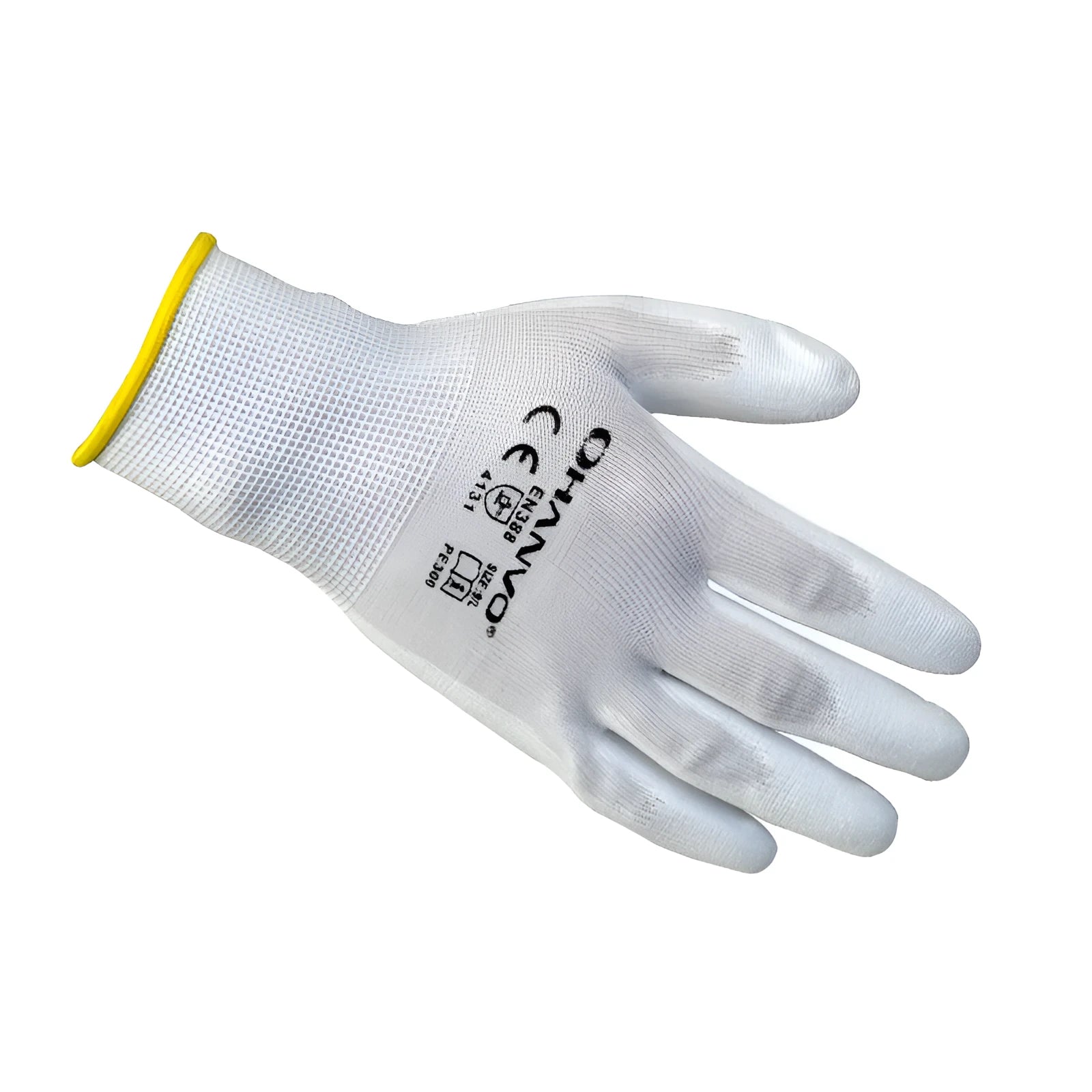 White PU coated labour gloves showing flexible construction and 24 cm length.