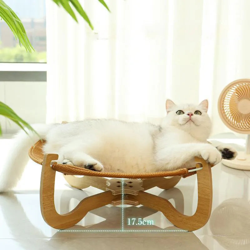 Brown woven rattan cat hammock with square 46cm base and raised sleeping platform