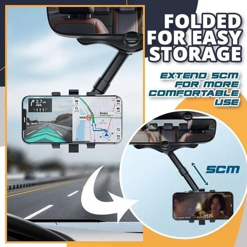 Black rearview mirror phone holder with 360-degree rotation and telescopic arm extended
