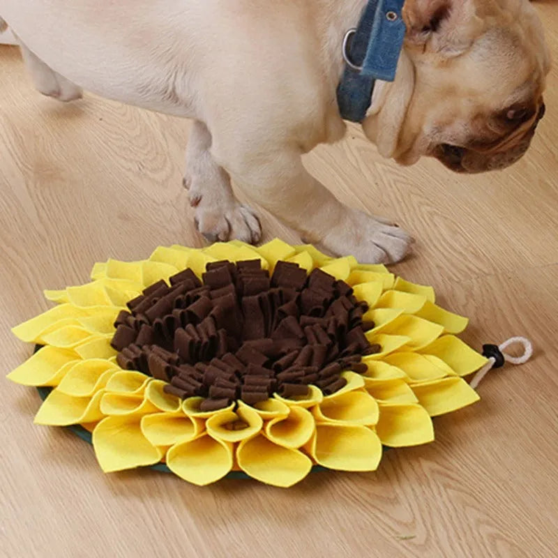 Yellow sunflower-patterned dog snuffle mat for slow feeding and nosework training