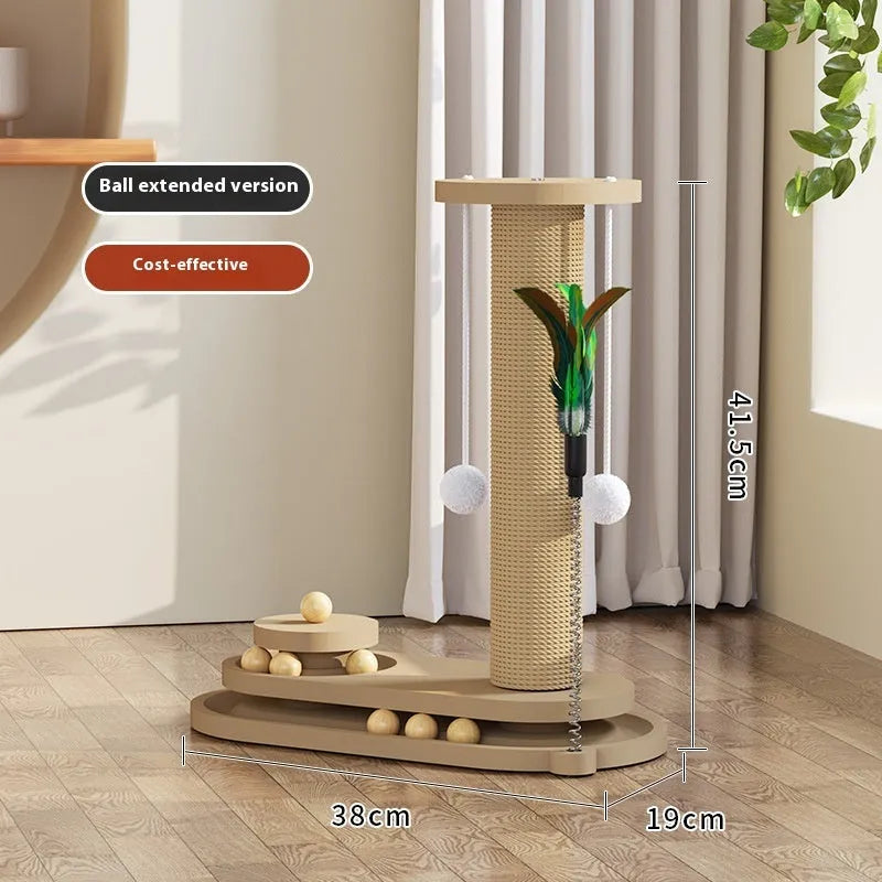 Solid wood cat scratching post with a central turntable, shown in a basic style big flower design