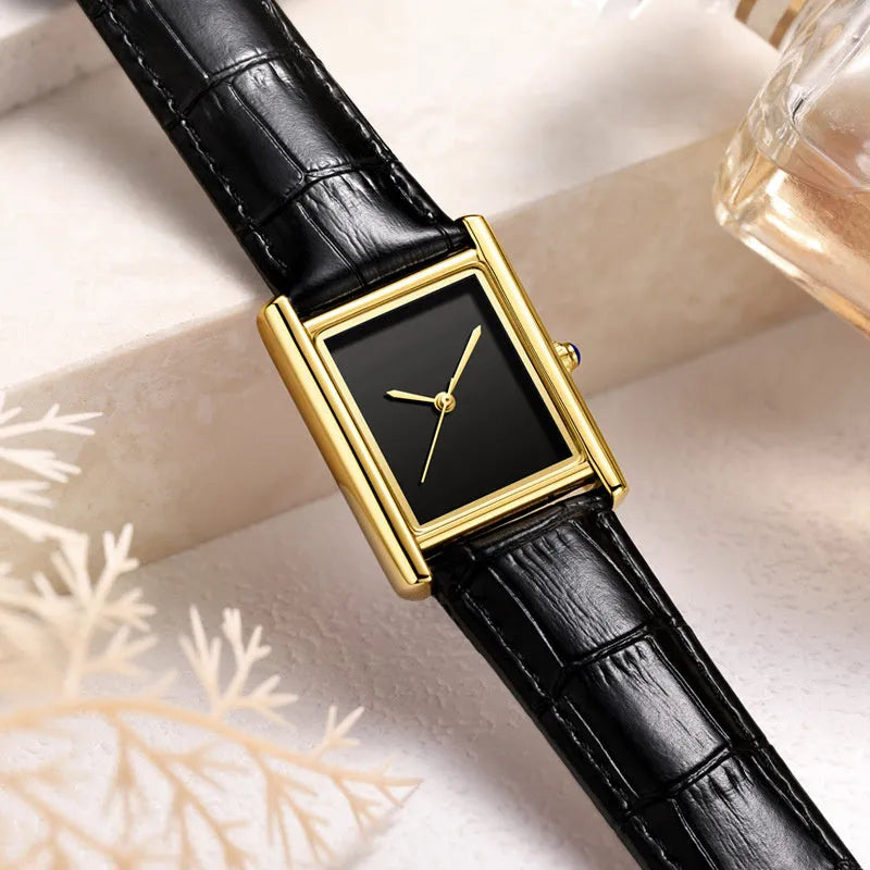 Couple leather watch with square dial, 7mm thickness, waterproof, in gold and black colour option on a white background