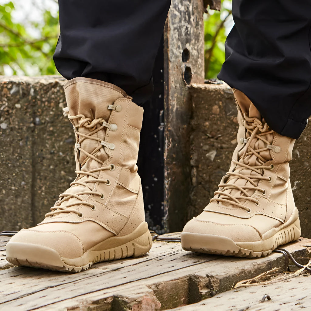 Yulong tactical desert combat boots in black and sand colour for outdoor activities.