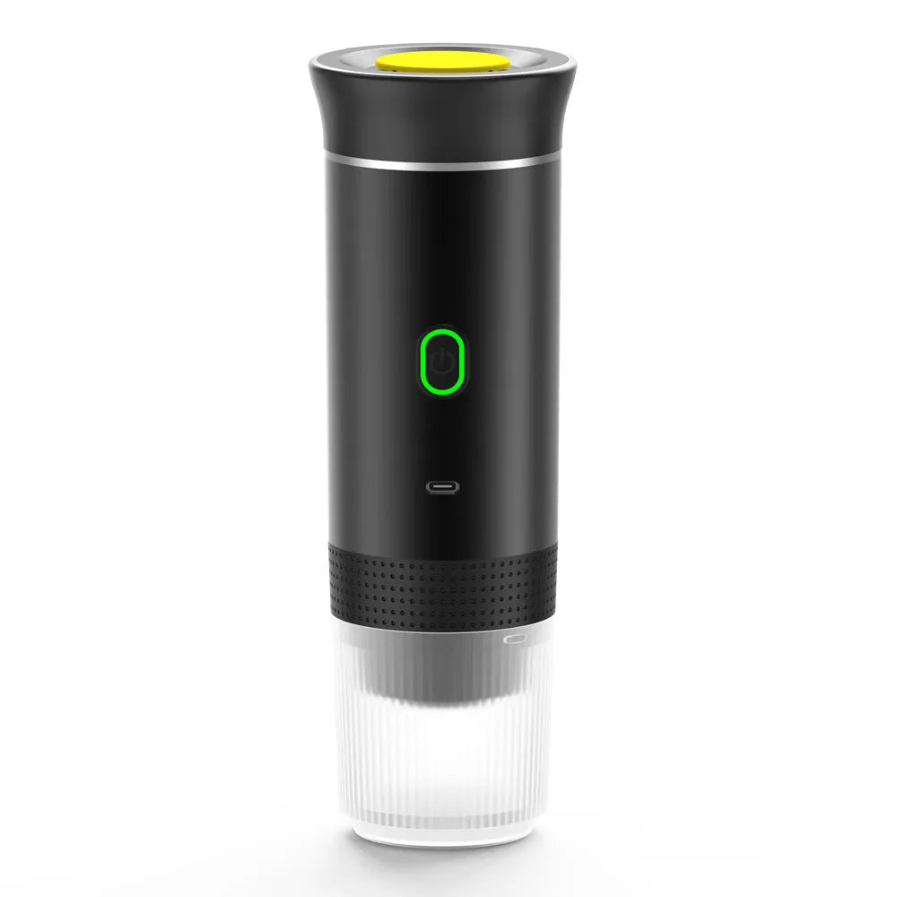 3-in-1 portable espresso maker in white with USB charging cable and ground coffee capsule compartments