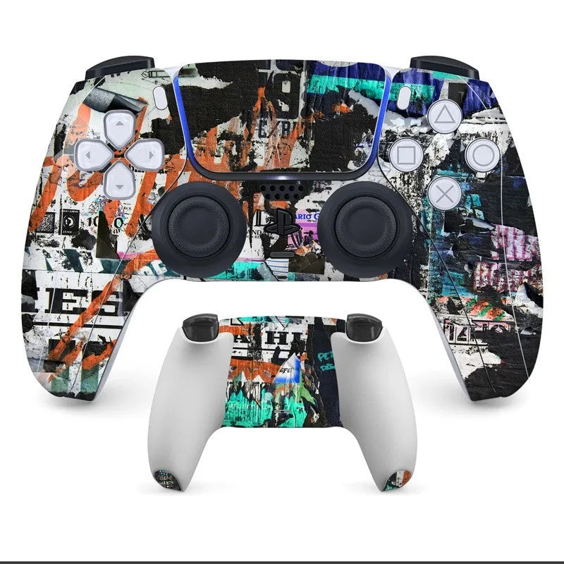 PS5 controller protective sticker kit showing front and back skins in one of eight available styles.