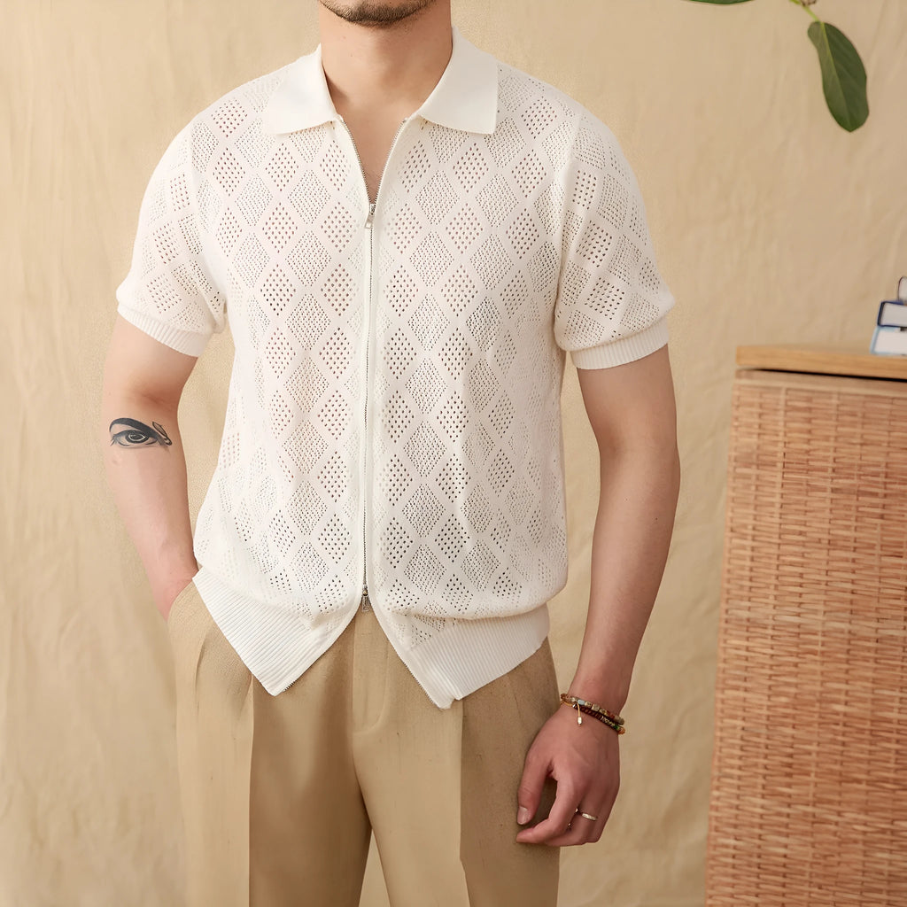 Cotton short sleeve cardigan with front zipper and hollow out pattern in light brown colour
