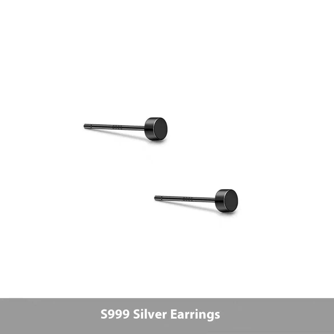 A pair of simple geometric round S999 Sterling Silver flat bone stud earrings in silver and black, showing size variation.