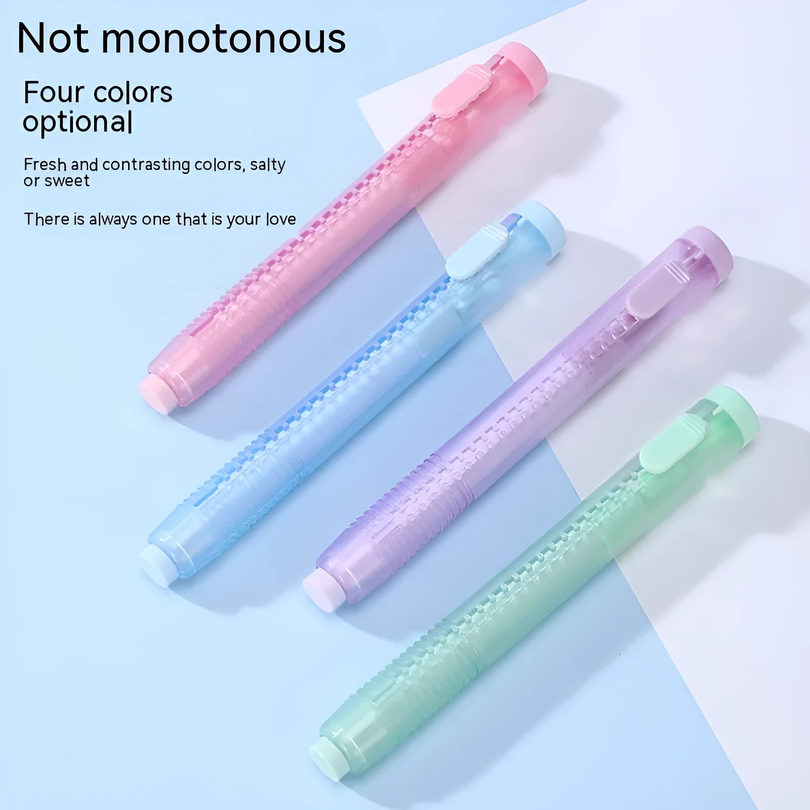 Push type children's automatic eraser in four colours with 12x8cm PVC construction