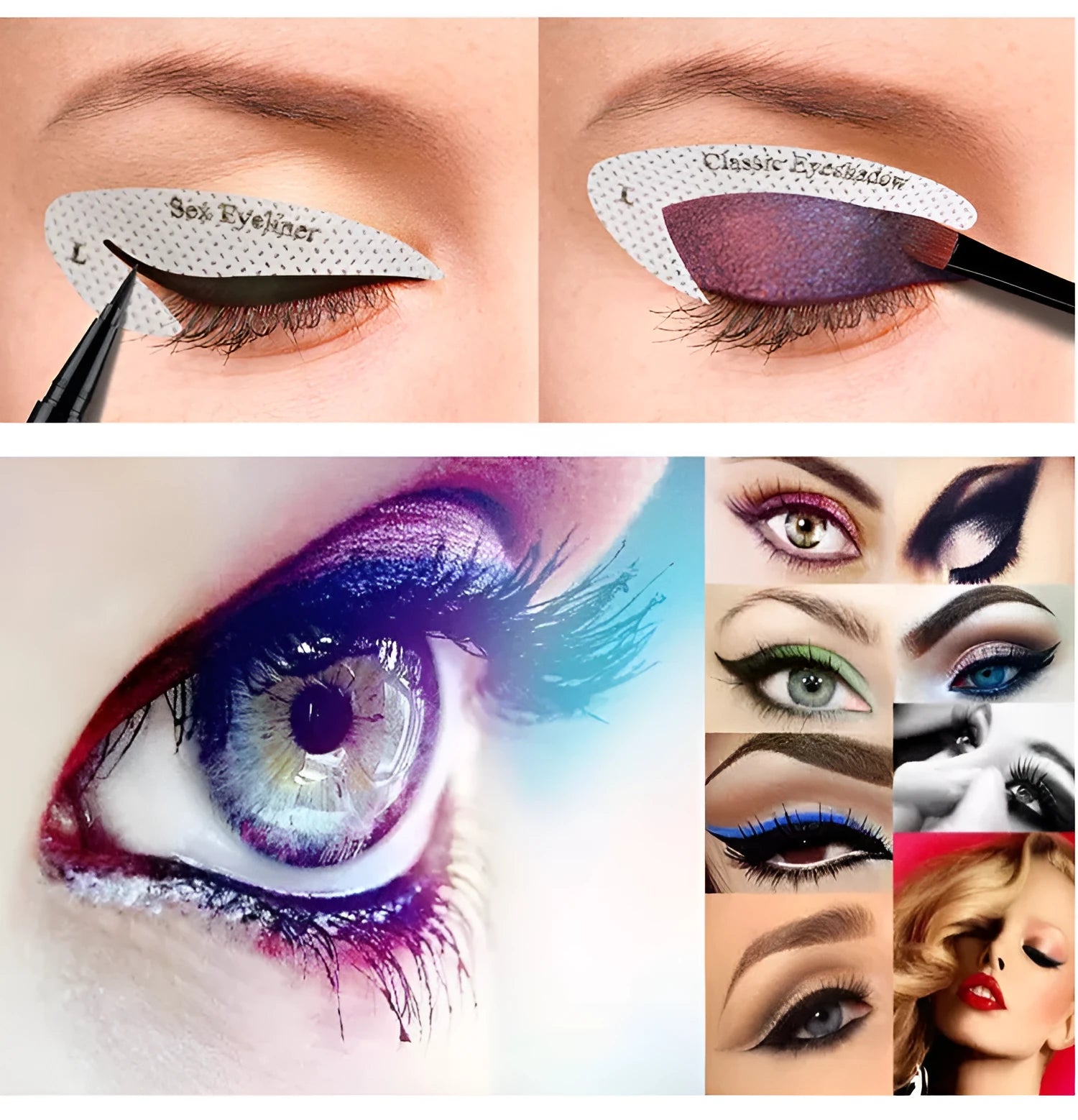 Set of four reusable flexible eyeliner and eyeshadow makeup sticker templates on a table