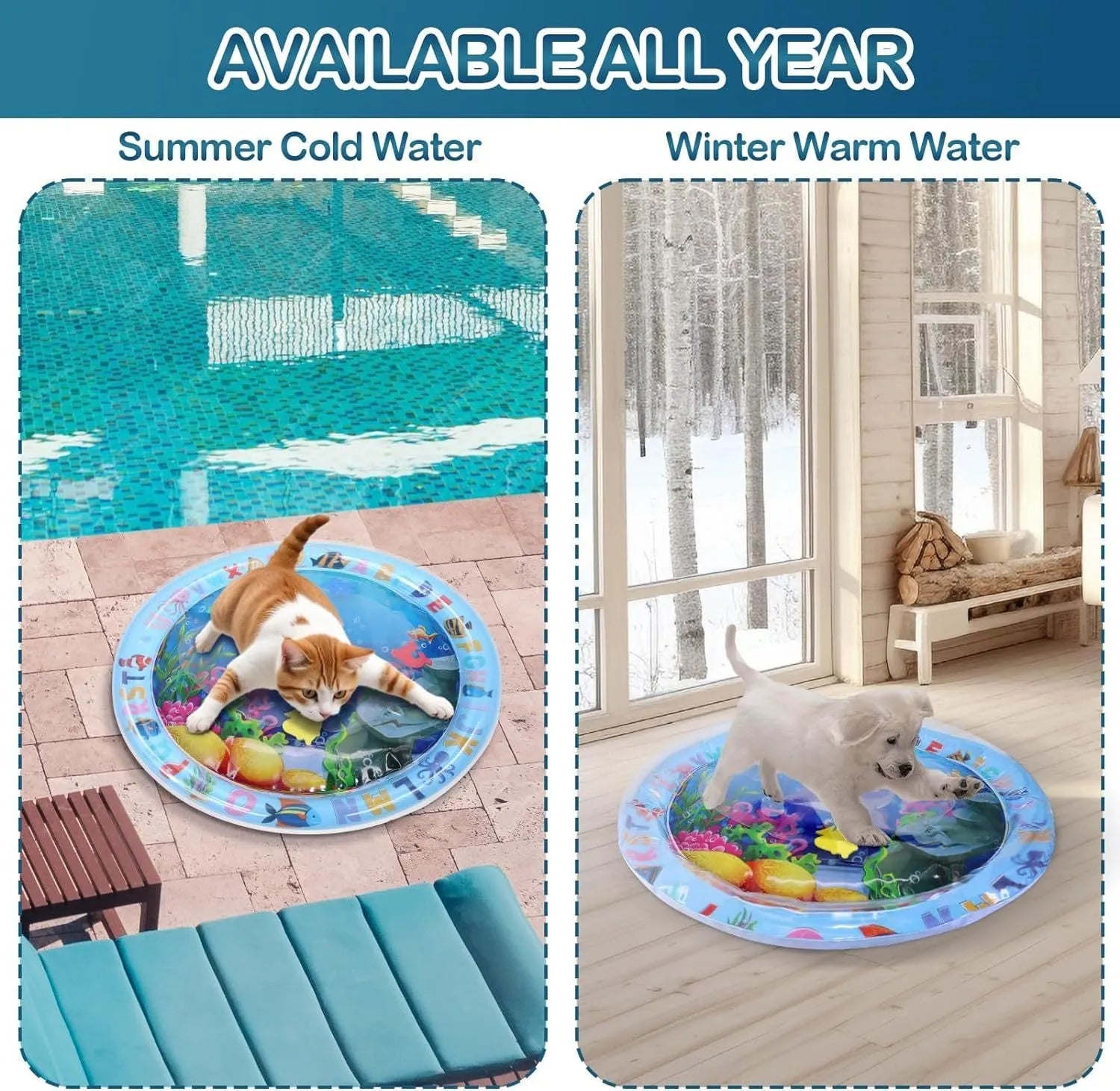 Square blue water sensory playmat for cats and dogs with floating fish toys inside, on a home floor.