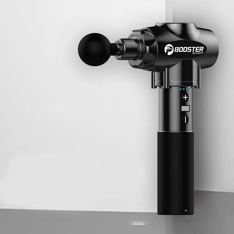 Black and white portable massage gun with adjustable speed control for muscle therapy