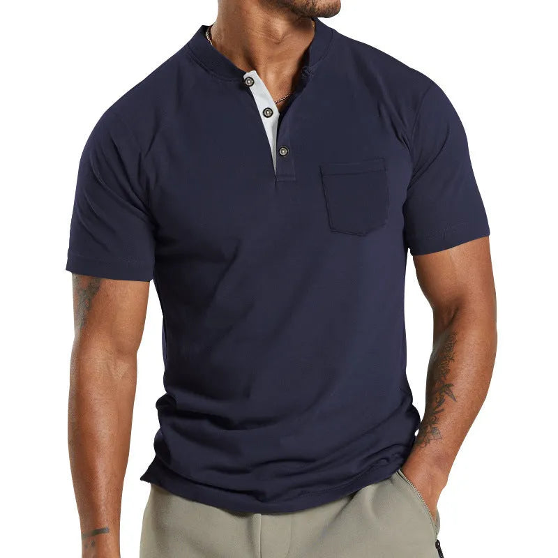 Plus size man modelling a solid colour short sleeve shirt with a chest pocket.