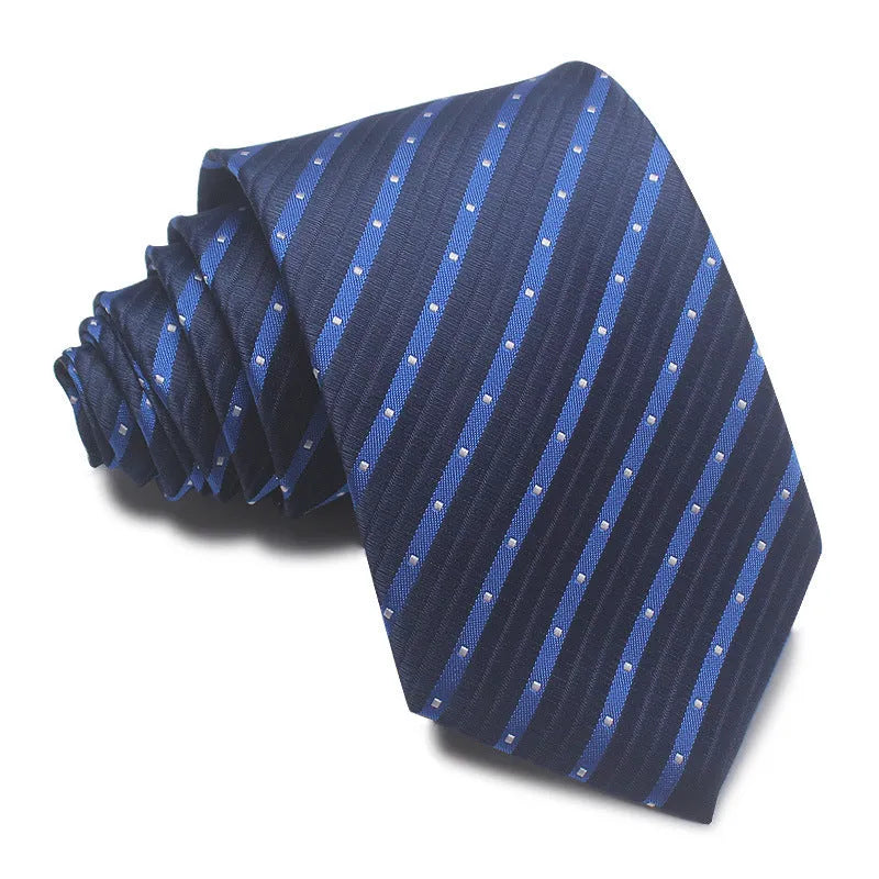 Man's red, black, and blue striped jacquard business tie with an 8cm width.