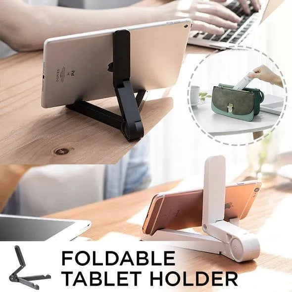 Black foldable aluminium tablet holder open in landscape mode supporting an iPad, showing side adjustment buttons.